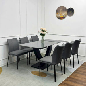 Bộ Bàn Ăn 6 Ghế Mặt Vân Đá Chân Chữ V