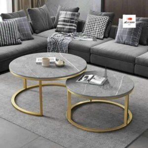 Bàn Trà Đôi Mặt Vân Đá Chân Inox Mạ Vàng